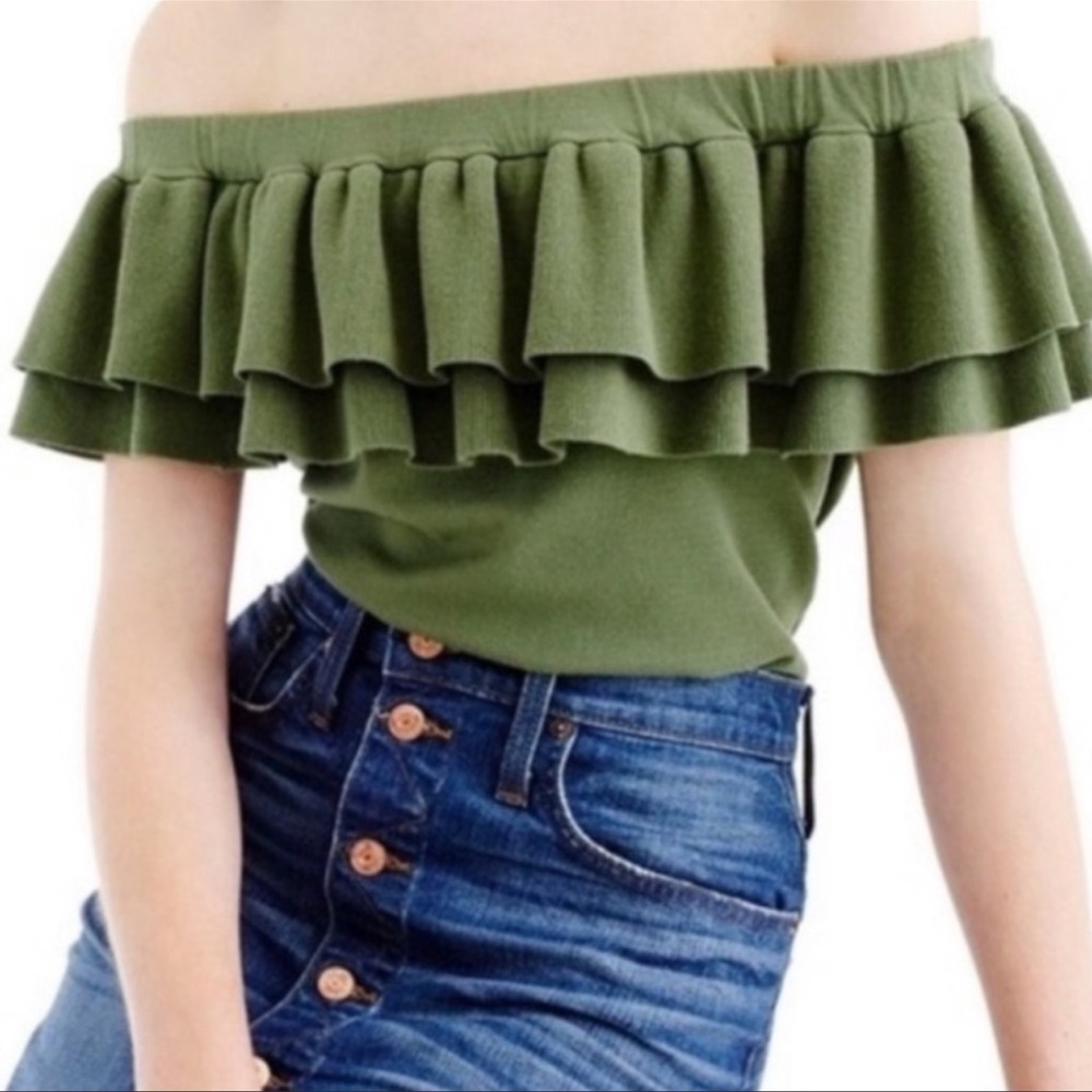 J Crew Olive Green Ruffles  Off Shoulder Crop Top